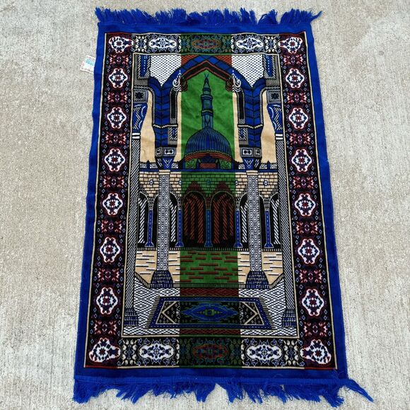 Vintage Teksko Tekstil Ltd Prayer? Rug Made In Turkey 42x26 Plush Blue Green